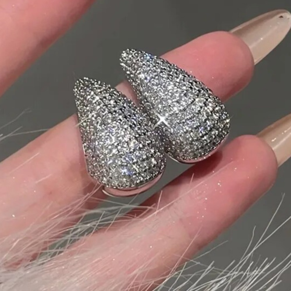 Silver Rhinestone Teardrop Earrings - Picture 3 of 4